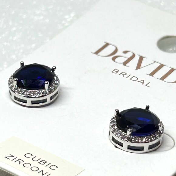 David's Bridal Cubic Zirconia Sapphire Blue Halo Post Earrings NWT - Picture 5 of 8